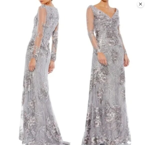 MAC DUGGAL 67539 EMBELLISHED V-NECK ILLUSIONS LONG SLEEVE PLATINUM GOWN sz 20W - Picture 1 of 7